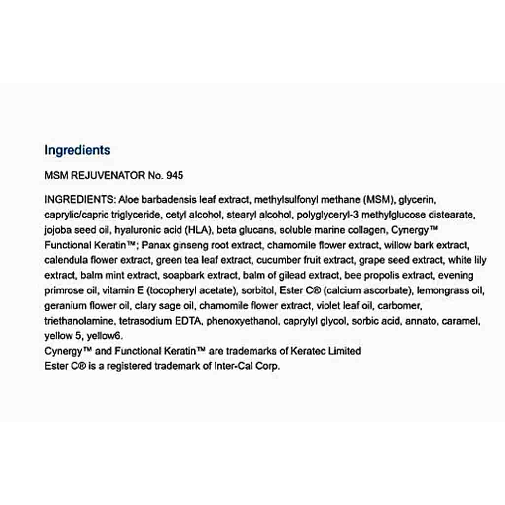 A text-based ingredients list for MSM Rejuvenator No. 945, detailing the various natural extracts and ingredients included in the product.