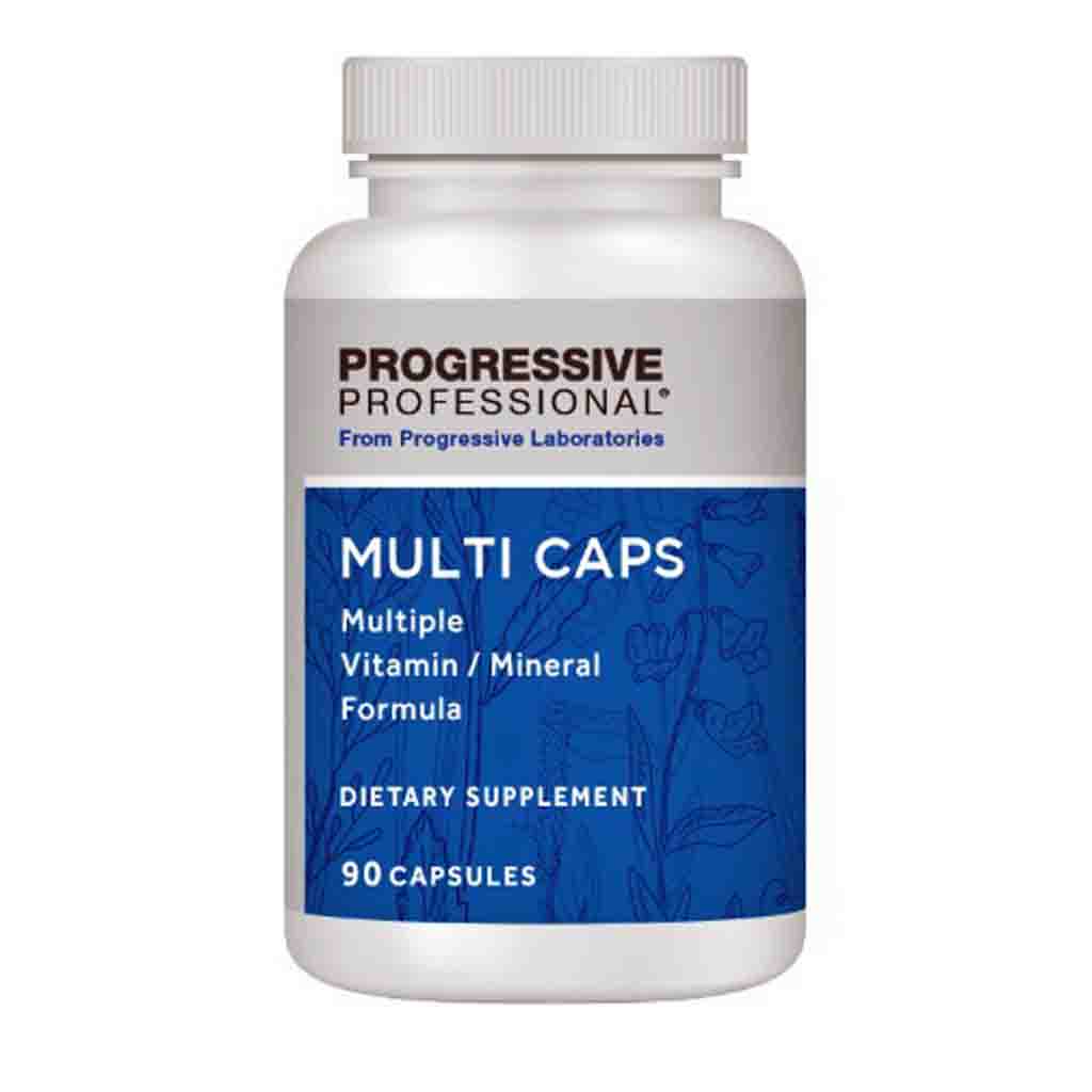 A white plastic bottle of Progressive Professional Multi Caps dietary supplement with a blue and white label, on a plain white background.