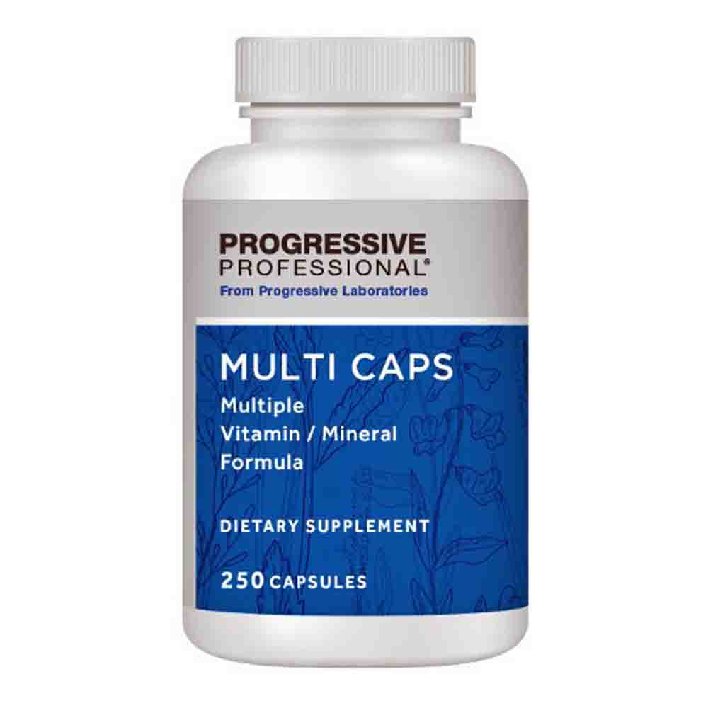 A white plastic bottle of Progressive Professional Multi Caps dietary supplement with a blue and white label, on a plain white background.