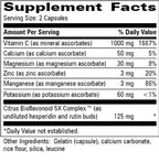 A Supplement Facts label showing a supplement's nutrition facts, including Vitamin C, Calcium, Magnesium, Zinc, Manganese, and Potassium, with Citrus Biofeedback 5X Complex listed as an ingredient.