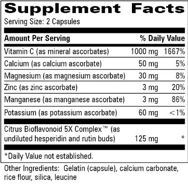 A Supplement Facts label showing a supplement's nutrition facts, including Vitamin C, Calcium, Magnesium, Zinc, Manganese, and Potassium, with Citrus Biofeedback 5X Complex listed as an ingredient.