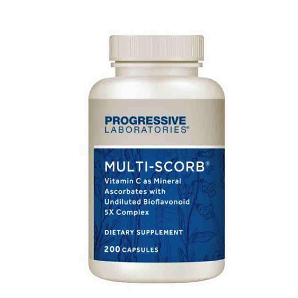 A white plastic bottle of Progressive Laboratories Multi-Scorb dietary supplement with a blue and white label, containing 200 capsules.