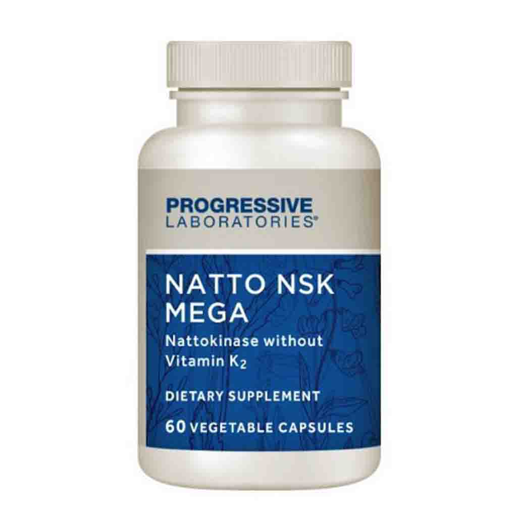 A white plastic bottle of Progressive Laboratories Natto NSK Mega dietary supplement with a blue and white label, on a solid white background.