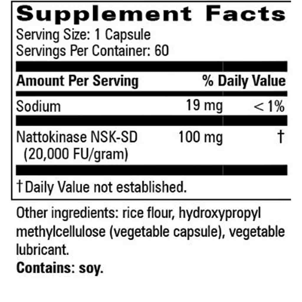 A close-up of a supplement facts label showing serving size 1 capsule, 60 servings per container, sodium 19 mg, nattokinase NSK-SD 100 mg, and other ingredients including rice flour and vegetable lubricant, with soy noted at the bottom.