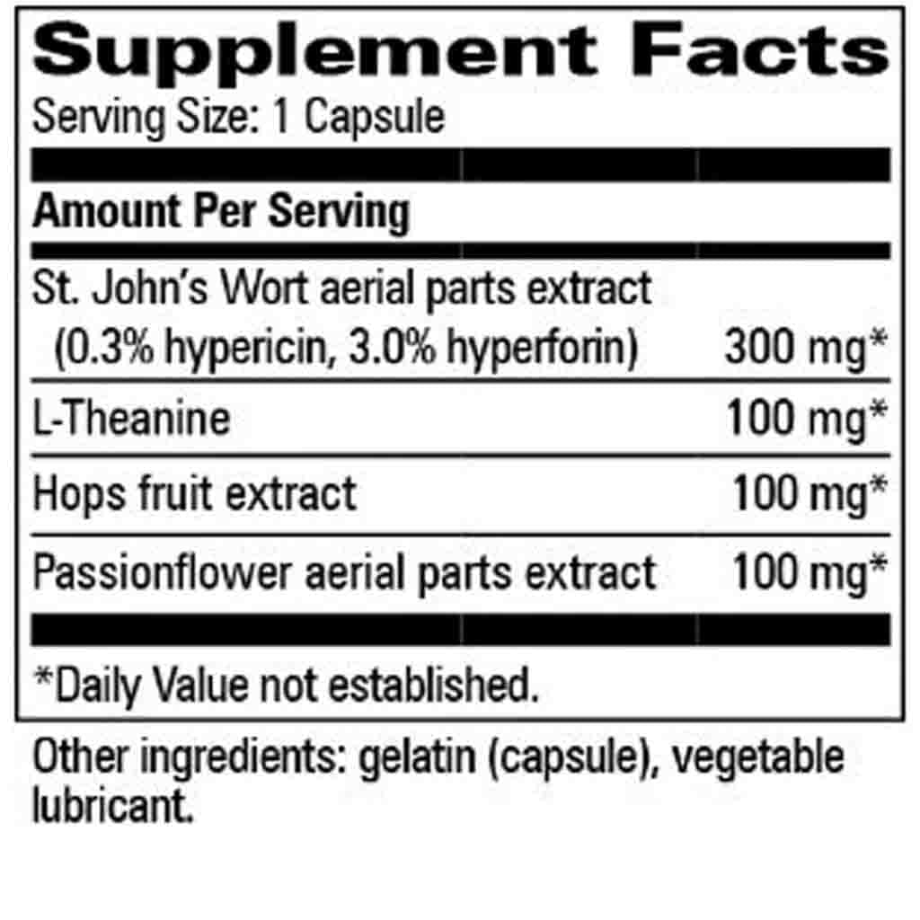 A black-and-white Supplement Facts label showing serving size 1 capsule and listed ingredients including St. John's Wort aerial parts extract, L-Theanine, Hops fruit extract, and Passionflower aerial parts extract, with other ingredients gelatin and vegetable lubricant.