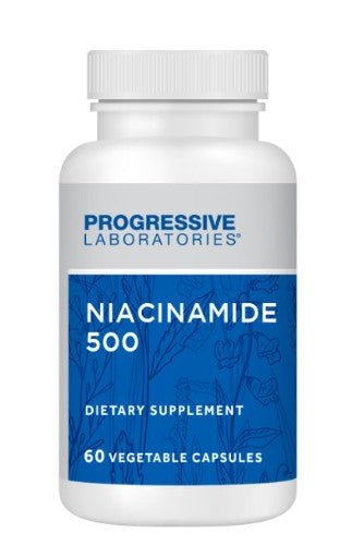 A white plastic bottle of Progressive Laboratories Niacinamide 500 dietary supplement with a blue and white label, containing 60 vegetable capsules.