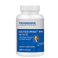 A white plastic bottle of Progressive Laboratories Osteo-Mins PM with D dietary supplement, featuring a blue and white label with a small portrait photo of Albert Einstein.