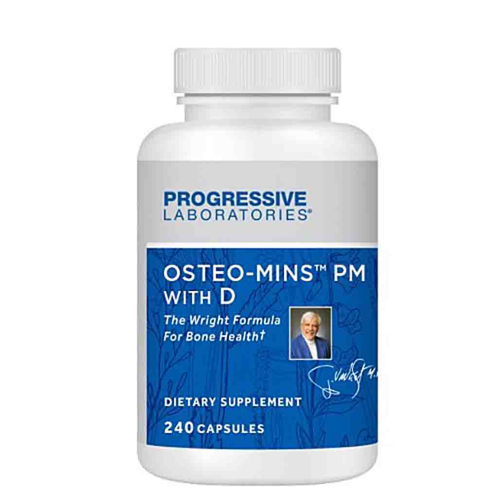 A white plastic bottle of Progressive Laboratories Osteo-Mins PM with D dietary supplement, featuring a blue and white label with a small portrait photo of Albert Einstein.