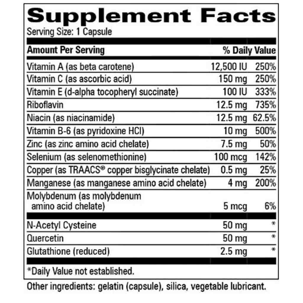 A black-and-white Supplement Facts label showing a daily value table for a capsule supplement, with listed nutrients such as Vitamin A, Vitamin C, Vitamin E, Riboflavine, Niacin, Zinc, Selenium, Copper, Molybdenum, N-Acetyl Cysteine, Quercetin, and Glutathione (reduced).