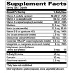 A black-and-white Supplement Facts label showing a daily value table for a capsule supplement, with listed nutrients such as Vitamin A, Vitamin C, Vitamin E, Riboflavine, Niacin, Zinc, Selenium, Copper, Molybdenum, N-Acetyl Cysteine, Quercetin, and Glutathione (reduced).