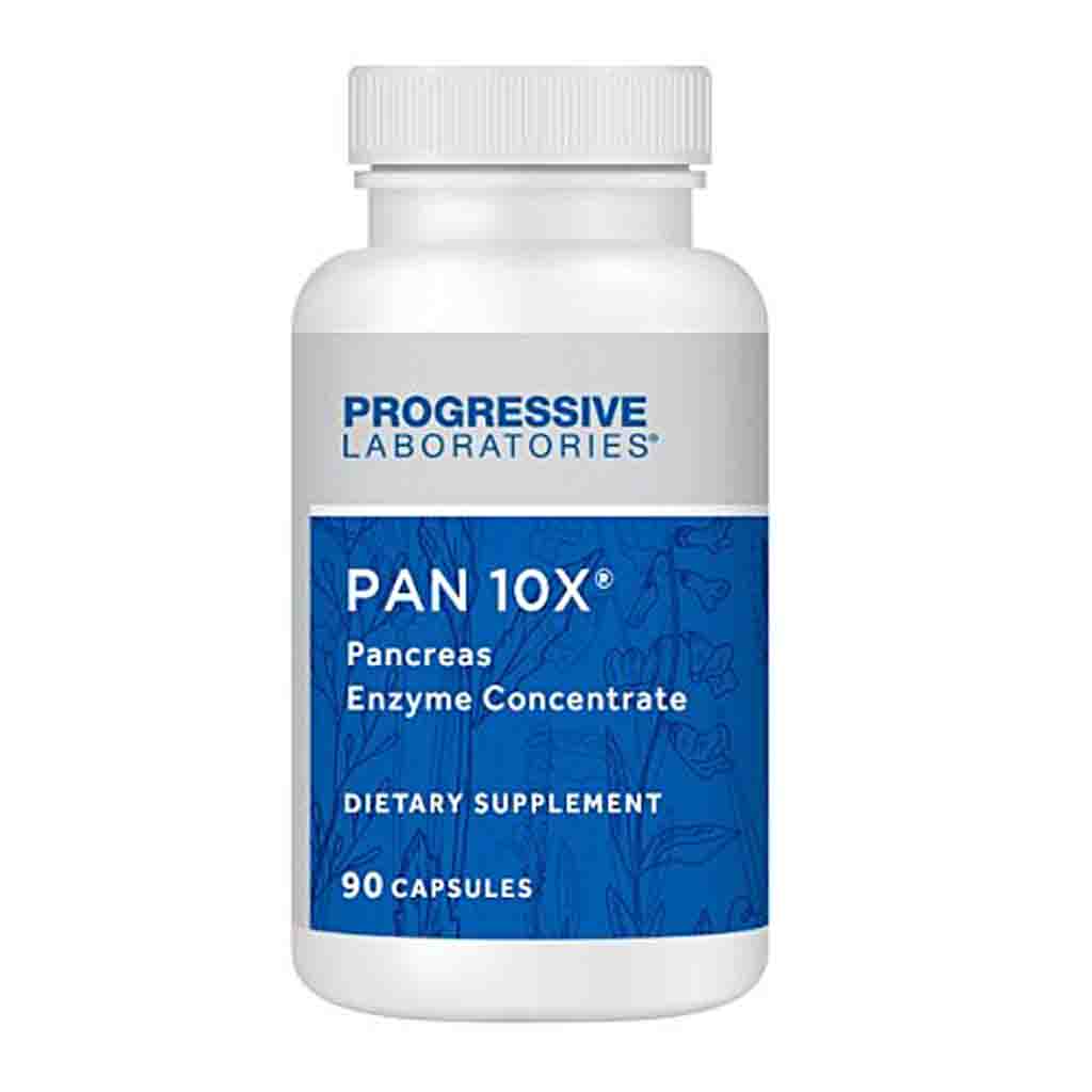 A white plastic bottle of Progressive Laboratories Pan 10X Pancreas Enzyme Concentrate dietary supplement, featuring a blue and white label with 90 capsules.