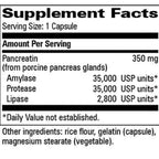 A black and white Supplement Facts label showing pancreatic enzyme ingredients: Pancreatin 350 mg, Amylase 35,000 USP units, Protease 35,000 USP units, and Lipase 2,800 USP units, with other ingredients listed below.