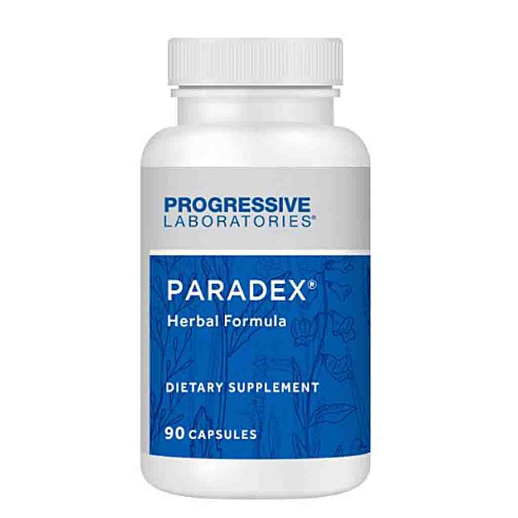A white plastic bottle of Progressive Laboratories Paradox Herbal Formula dietary supplement with a blue and white label, containing 90 capsules.