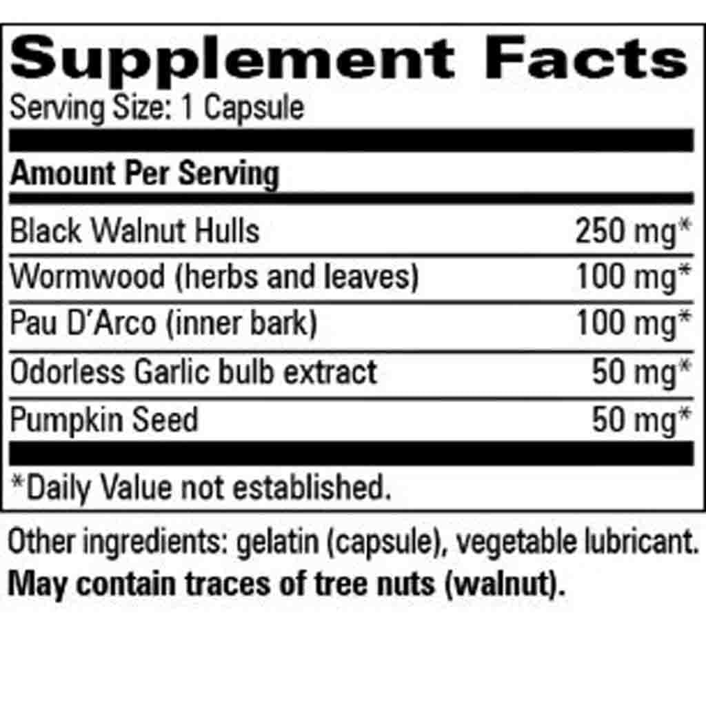 A black and white Supplement Facts label showing ingredients for a capsule product, including Black Walnut Hulls (250 mg), Wormwood (100 mg), Pau D'Arco (100 mg), Odorless Garlic bulb extract (50 mg), and Pumpkin Seed (50 mg).
