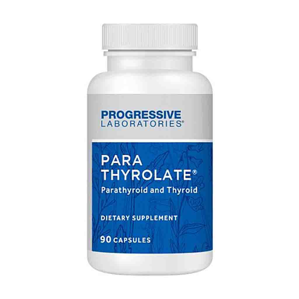 A white plastic bottle of Progressive Laboratories Para Thyrole dietary supplement with a blue and white label, containing 90 capsules.