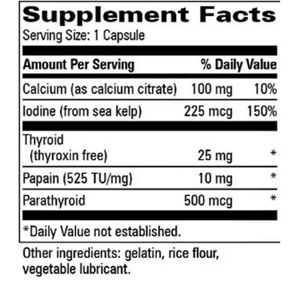 A close-up of a supplement facts label showing serving size 1 capsule and a list of ingredients and daily values, including calcium, iodine, thyroid, papain, and parathyroid.