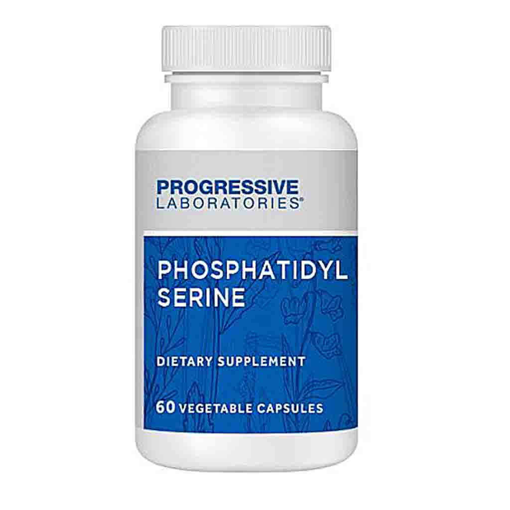A white plastic bottle of Progressive Laboratories Phosphatidyl Serine dietary supplement with a blue and white label, on a plain white background.