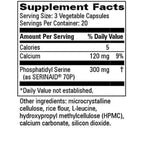 A Supplement Facts label showing the nutrition facts for a dietary supplement. The label indicates a serving size of 3 vegetable capsules, 20 servings per container, with Phosphatidyl Serine (as SERINAID 70P) listed as 300 mg.