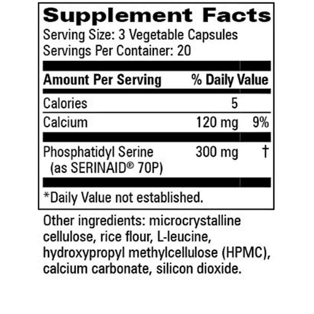 A Supplement Facts label showing the nutrition facts for a dietary supplement. The label indicates a serving size of 3 vegetable capsules, 20 servings per container, with Phosphatidyl Serine (as SERINAID 70P) listed as 300 mg.