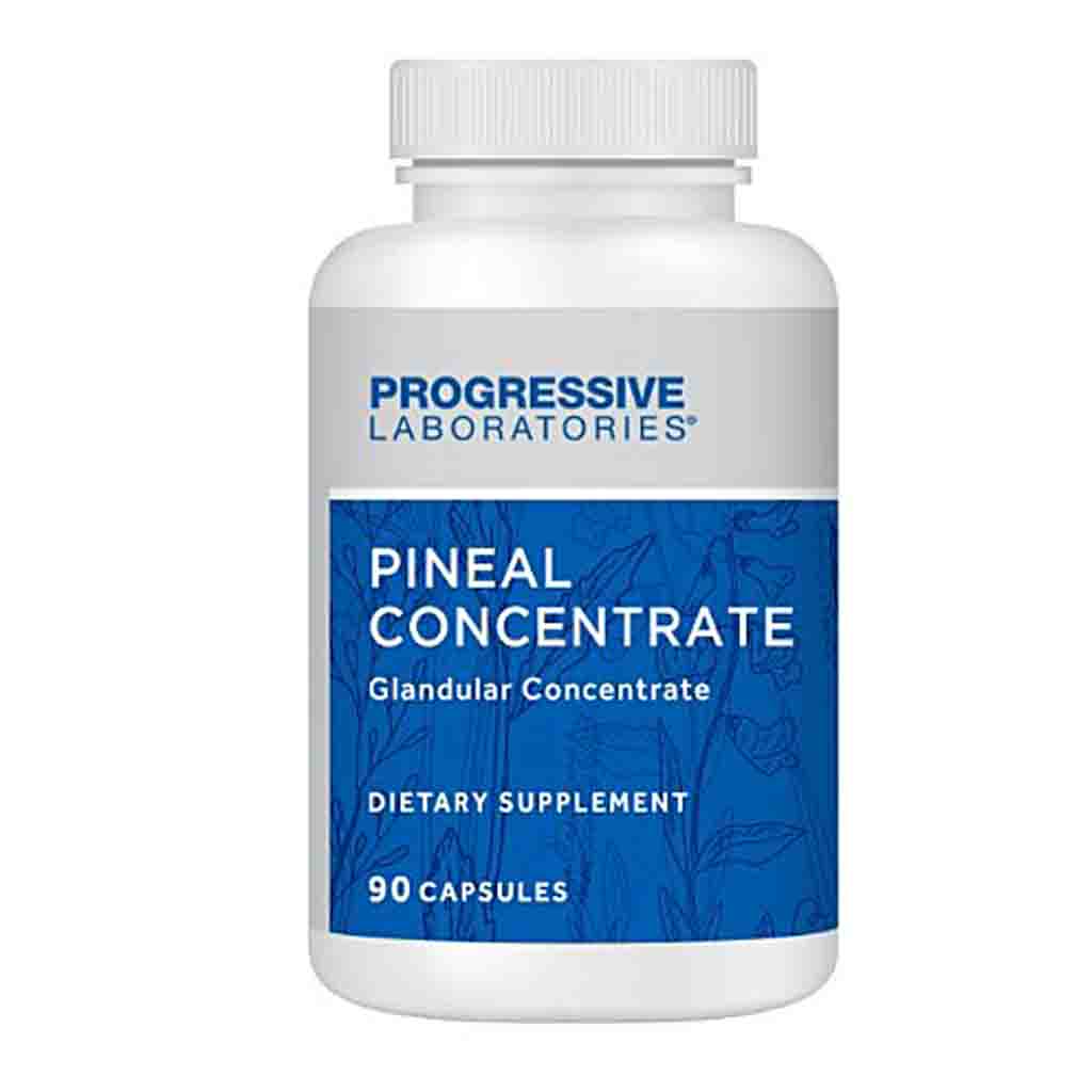 A white plastic bottle of Progressive Laboratories Pineal Concentrate dietary supplement with a blue and white label, set against a plain white background.