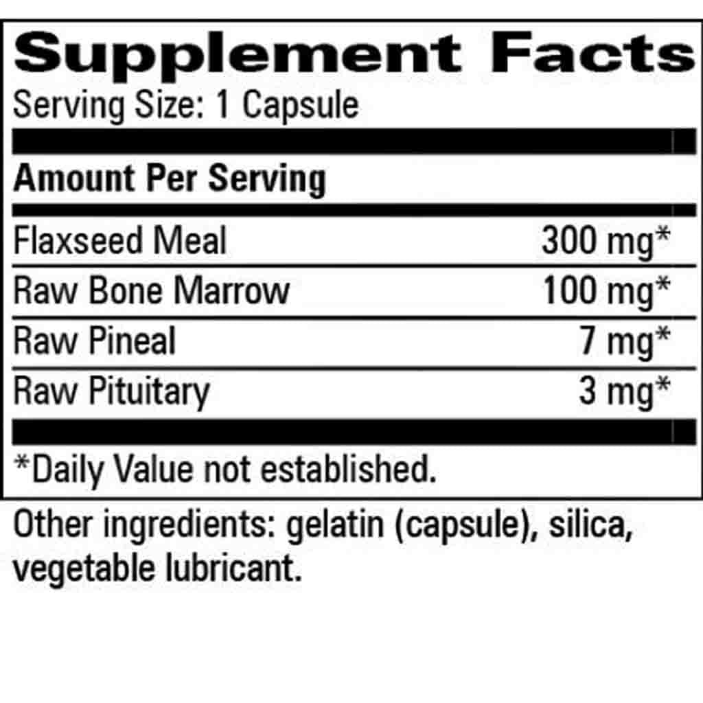 A black-and-white Supplement Facts label showing a supplement capsule nutrition panel with listed ingredients: flaxseed meal 300 mg, raw bone marrow 100 mg, raw pineal 7 mg, and raw pituitary 3 mg.