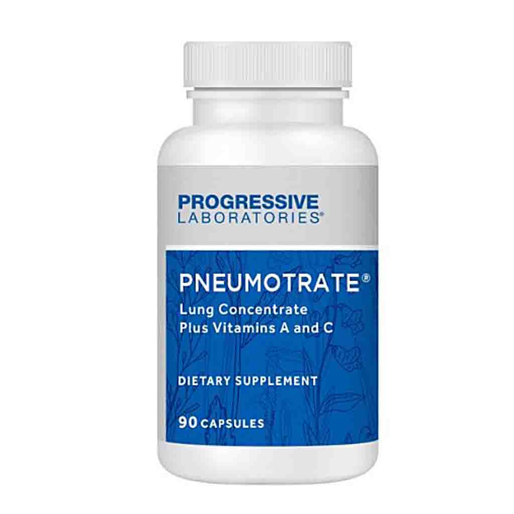 A white plastic bottle of Progressive Laboratories Pneumotrate Lung Concentrate dietary supplement with a blue and white label, containing 90 capsules.