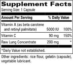 A Supplement Facts label showing a capsule supplement's nutrition facts, including Vitamin A, Vitamin C, and Raw Lung Concentrate, with serving size of 1 capsule.