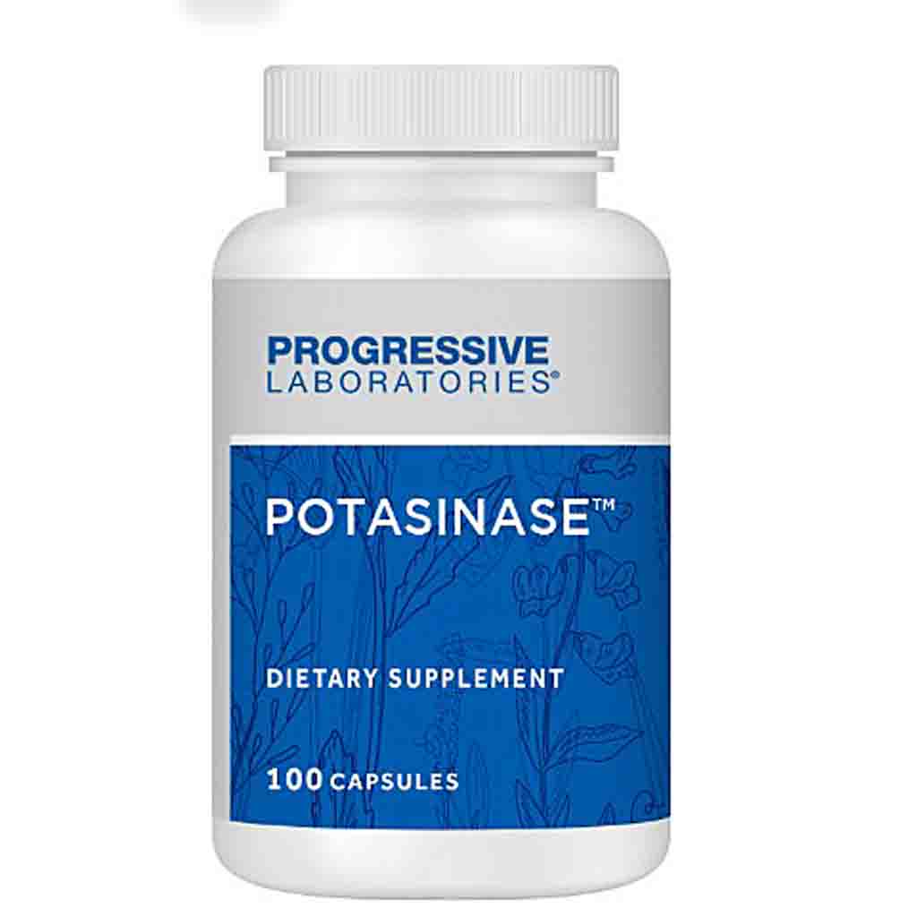 A white plastic bottle of Progressive Laboratories Potasinase dietary supplement with a blue and white label, containing 100 capsules.