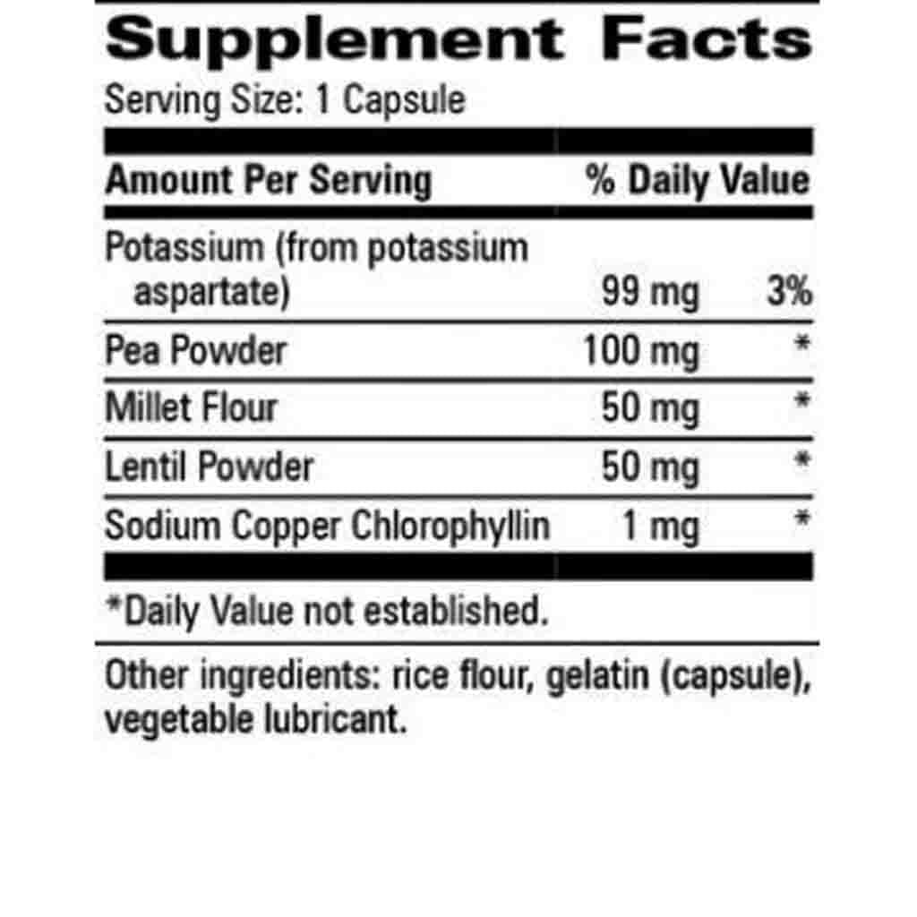 A close-up of a Supplement Facts label showing the daily value and amounts for various ingredients, including Potassium, Pea Powder, Millet Flour, Lentil Powder, and Sodium Copper Chlorophyllin.
