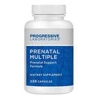 A white plastic bottle of Progressive Laboratories Prenatal Multiple dietary supplement with a blue and white label, shown on a plain white background.