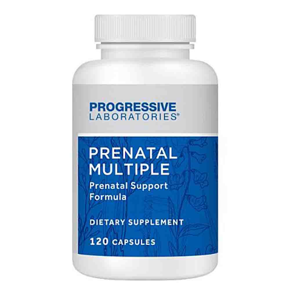 A white plastic bottle of Progressive Laboratories Prenatal Multiple dietary supplement with a blue and white label, shown on a plain white background.
