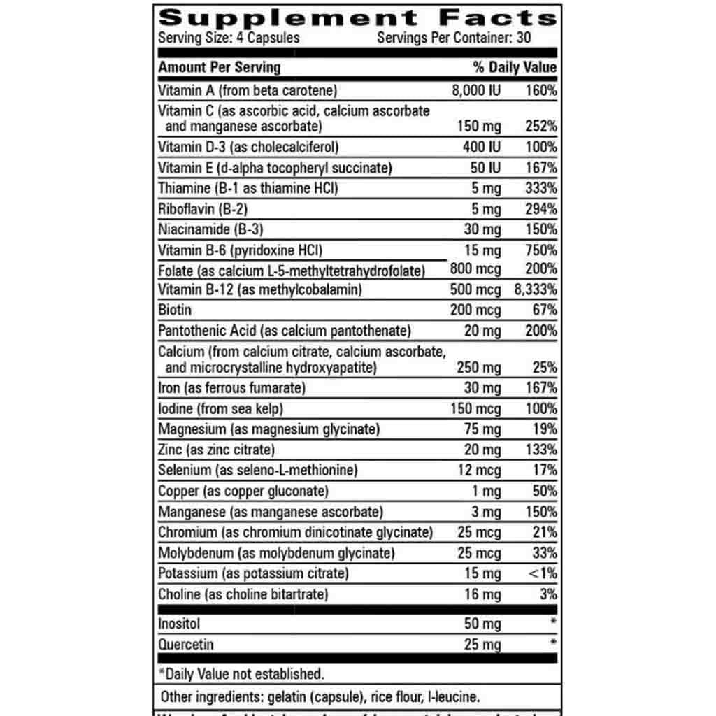 A supplement facts label showing a nutrition panel with serving size 4 capsules and daily value percentages for various vitamins, minerals, and ingredients like riboflavin, niacinamide, biotin, and inositol.
