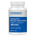 A white plastic bottle of Progressive Laboratories Probiotic Broad Spectrum dietary supplement with a blue and white label, containing 30 caplets.