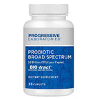 A white plastic bottle of Progressive Laboratories Probiotic Broad Spectrum dietary supplement with a blue and white label, containing 30 caplets.