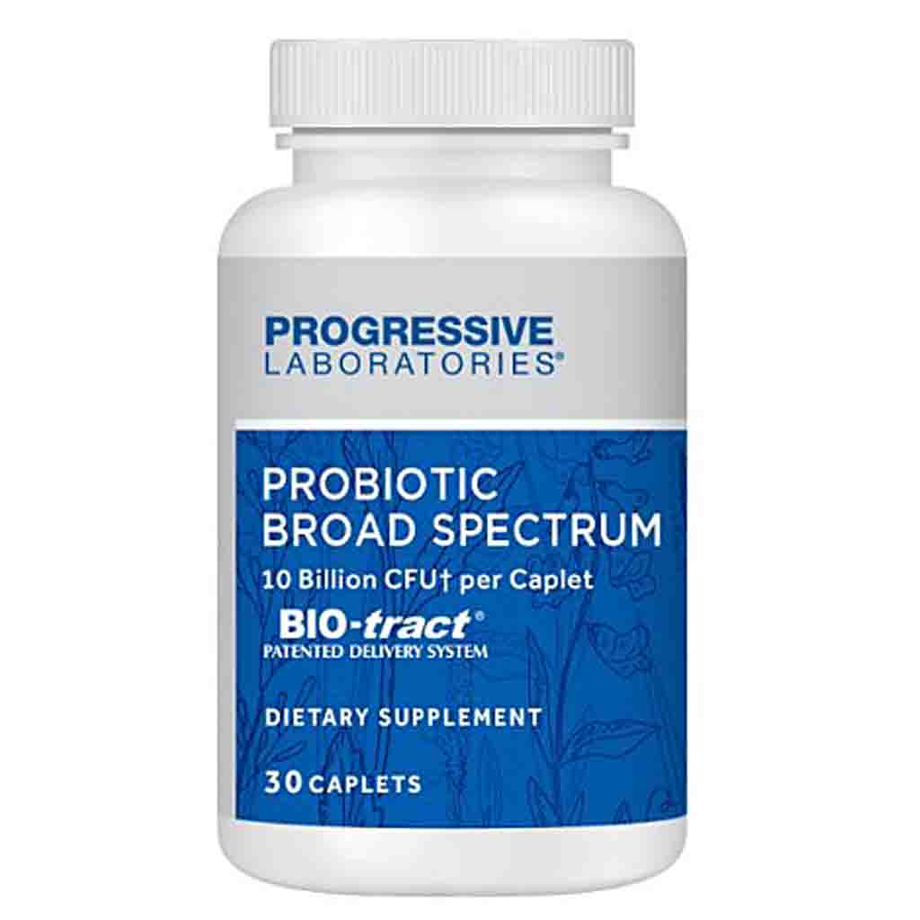 A white plastic bottle of Progressive Laboratories Probiotic Broad Spectrum dietary supplement with a blue and white label, containing 30 caplets.