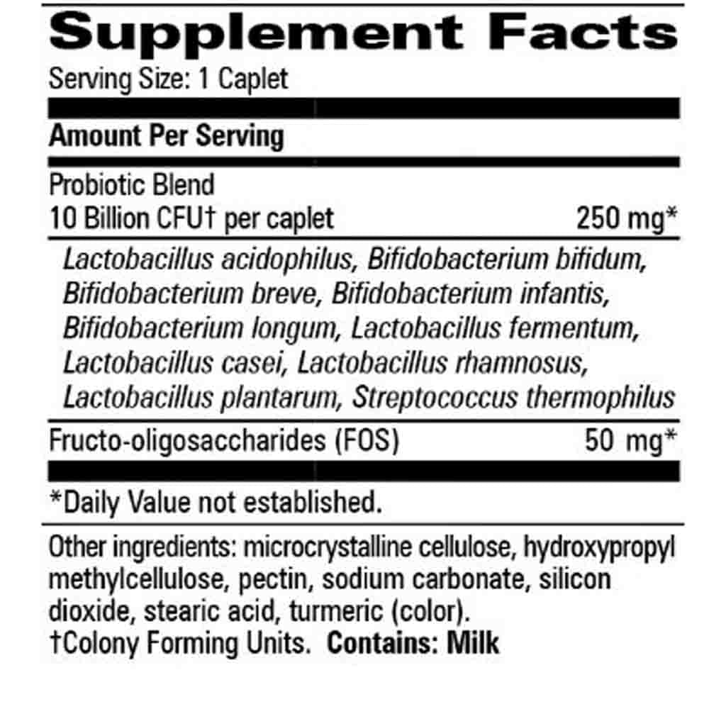 A close-up of a supplement facts label showing a probiotic blend with listed ingredients and colony forming units per caplet.