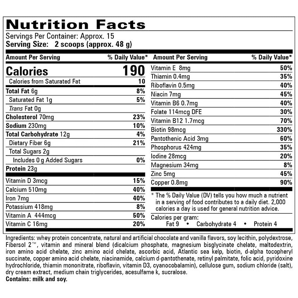 Nutrition facts label for a protein supplement with detailed nutritional information.