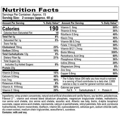 Nutrition facts label for a protein supplement with detailed nutritional information.
