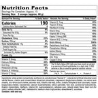 Nutrition facts label for a protein supplement with detailed nutritional information.