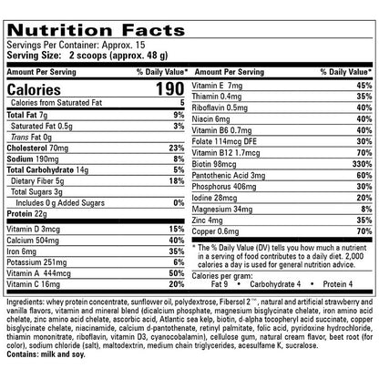 Nutrition facts label for a protein supplement with detailed nutritional information.