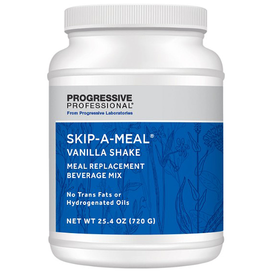 White container of Skip-A-Meal Vanilla Shake with blue label on a white background