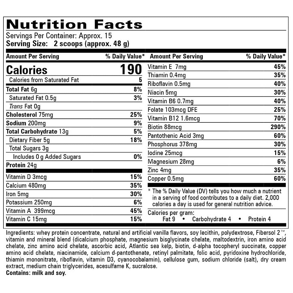 Nutrition facts label for a protein supplement with detailed nutritional information.