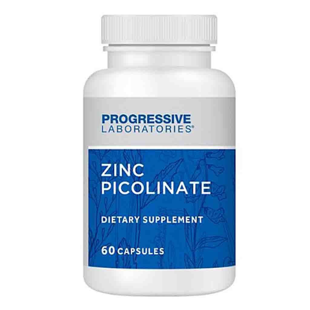 A white plastic bottle of Progressive Laboratories Zinc Picolinate dietary supplement with a blue and white label, containing 60 capsules.