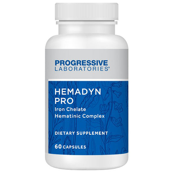 Supplement bottle labeled 'Hemadyn Pro' by Progressive Laboratories on a white background
