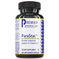 A bottle of Premier Research Labs ParaStat dietary supplement with 90 plant-source capsules, labeled for intestinal support and cleansing.