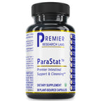 A bottle of Premier Research Labs ParaStat dietary supplement with 90 plant-source capsules, labeled for intestinal support and cleansing.