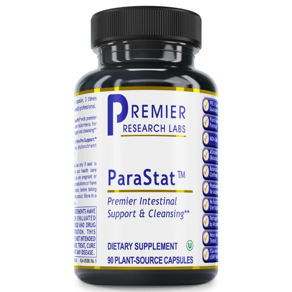 A bottle of Premier Research Labs ParaStat dietary supplement with 90 plant-source capsules, labeled for intestinal support and cleansing.
