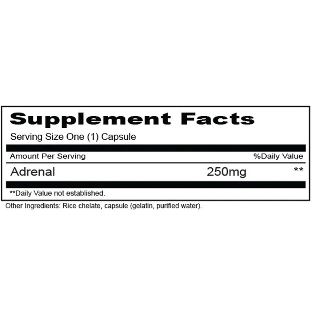 Supplement facts label for a product containing Adrenal with 250mg per serving on a white background.
