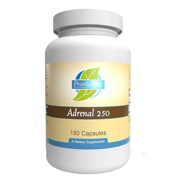 Supplement bottle labeled 'Adrenal 250' with Priority Health logo on a white background