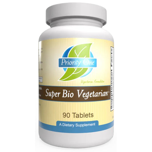 Supplement bottle labeled 'Super Bio Vegetarian' by Priority One on a white background